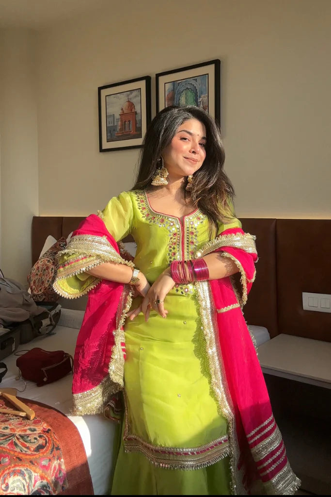 Khwahish Pure Organza Neon Green Sharara Set with Dupatta