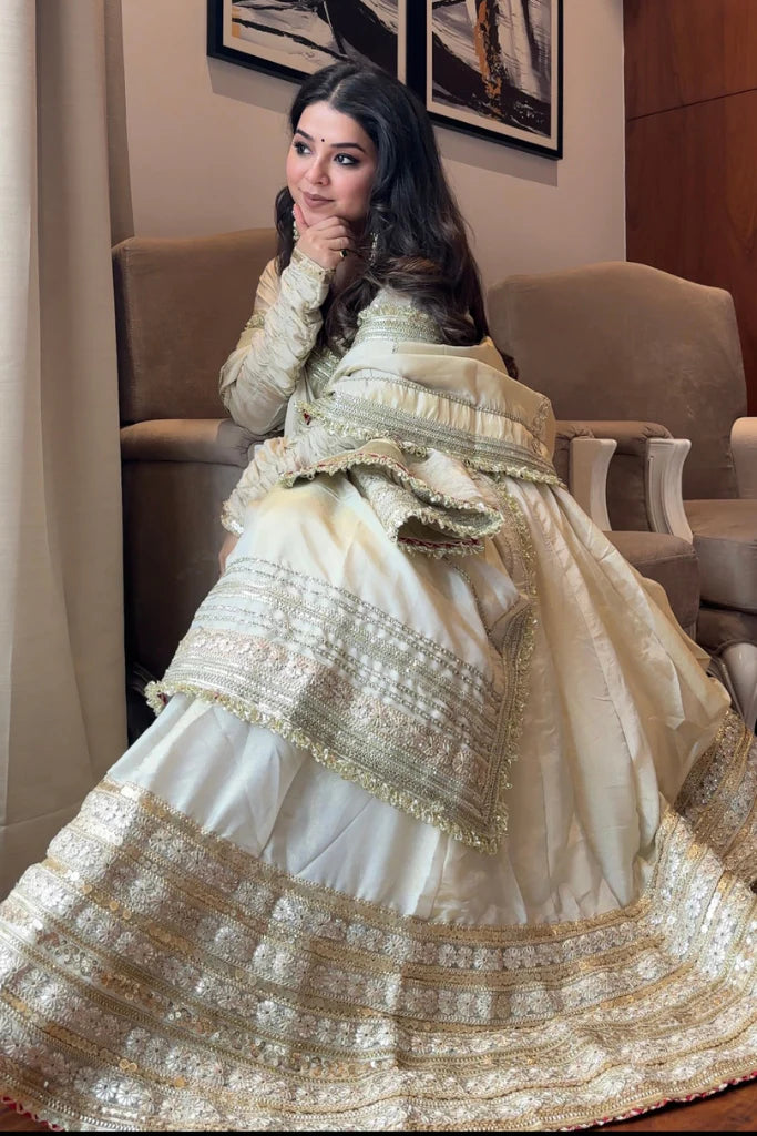 Off White Chinon Anarkali Suit with Thread Work