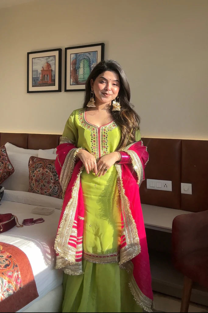 Khwahish Pure Organza Neon Green Sharara Set with Dupatta