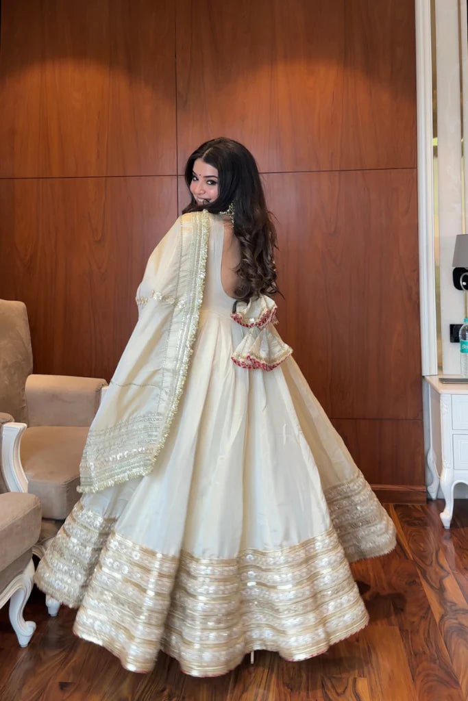 Off White Chinon Anarkali Suit with Thread Work