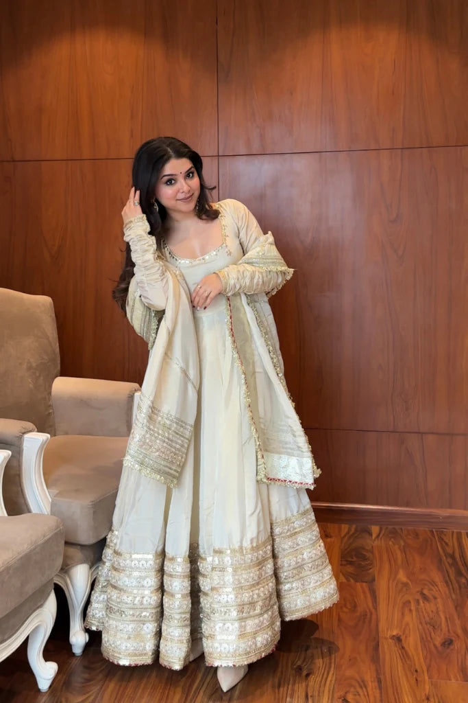 Off White Chinon Anarkali Suit with Thread Work