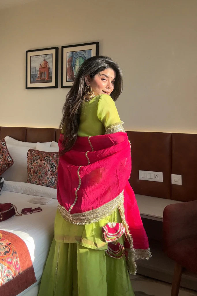 Khwahish Pure Organza Neon Green Sharara Set with Dupatta