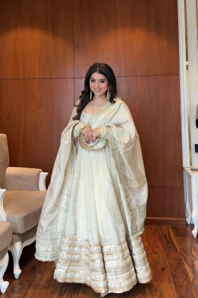 Off White Chinon Anarkali Suit with Thread Work