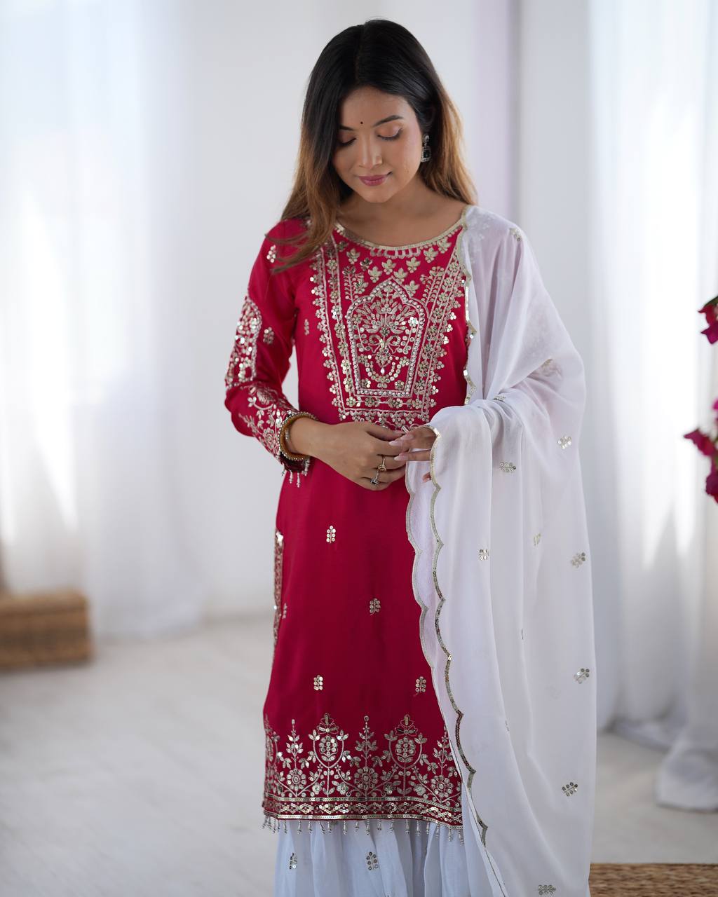 Premium Designer Embroidered Top-Plazzo Set with Dupatta