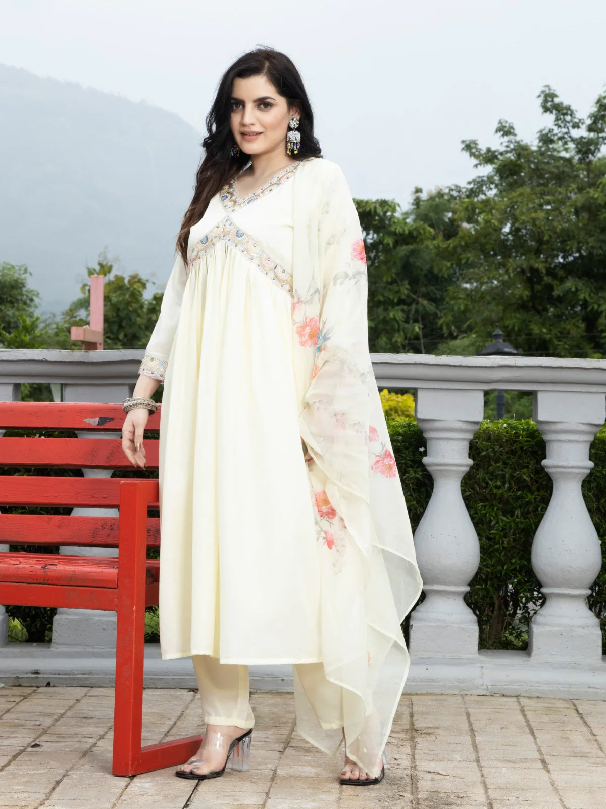 Embroidered Chinon Suit Set with Organza Dupatta