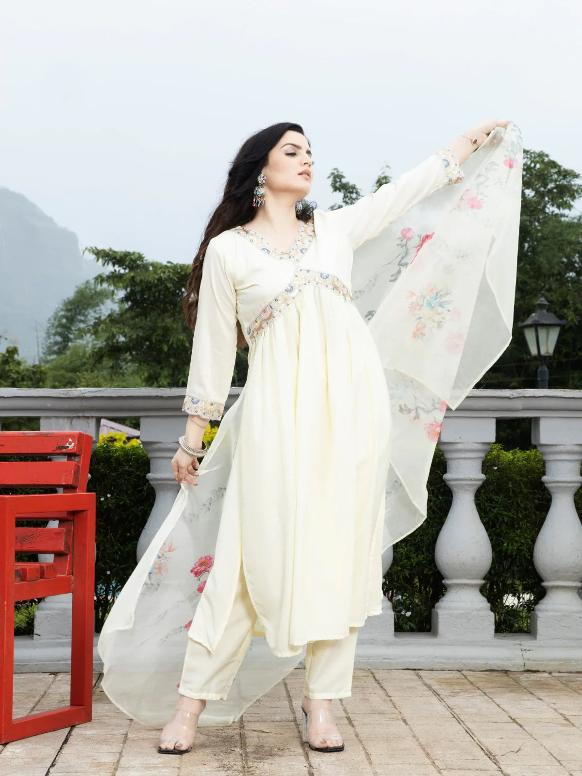 Embroidered Chinon Suit Set with Organza Dupatta