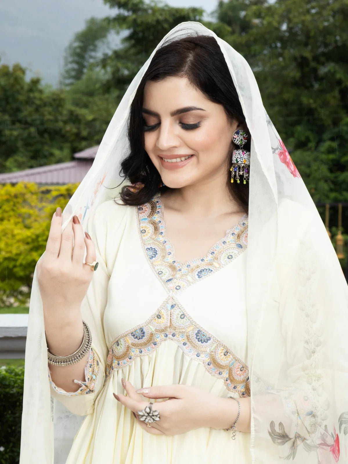Embroidered Chinon Suit Set with Organza Dupatta