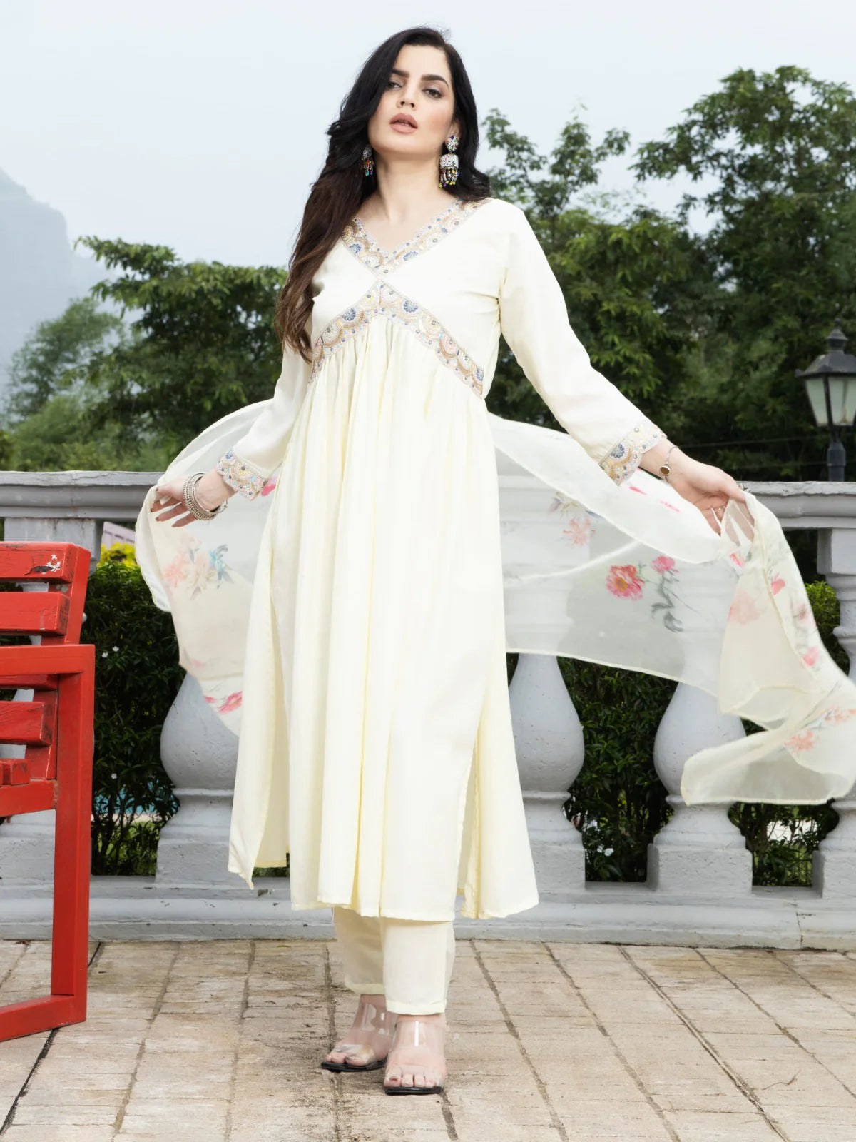 Embroidered Chinon Suit Set with Organza Dupatta