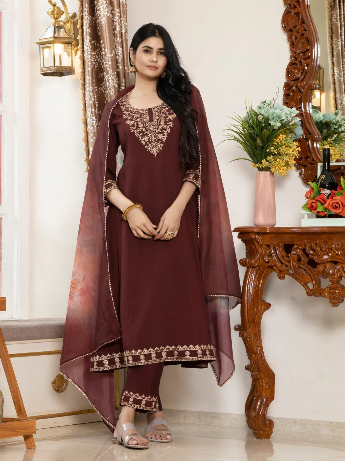 Embroidered Modal Silk Suit Set with Tabby Organza Dupatta