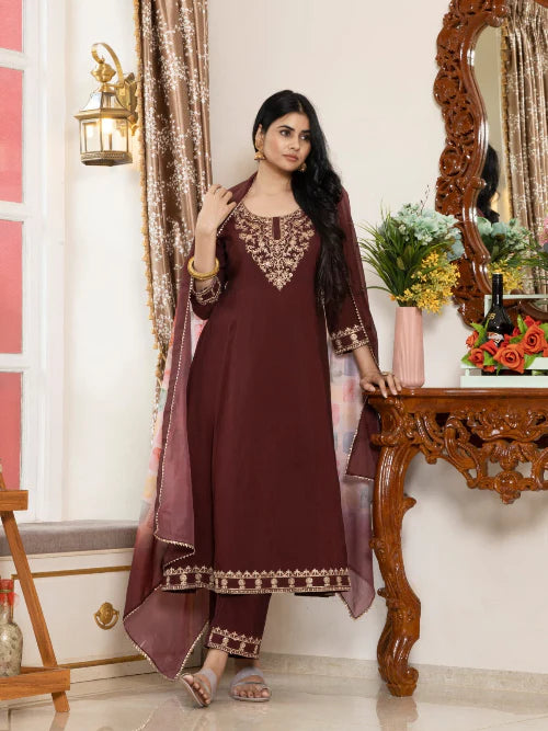 Embroidered Modal Silk Suit Set with Tabby Organza Dupatta
