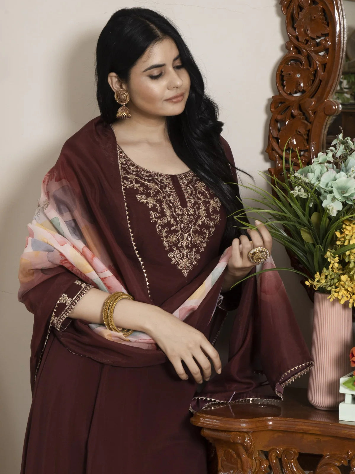 Embroidered Modal Silk Suit Set with Tabby Organza Dupatta