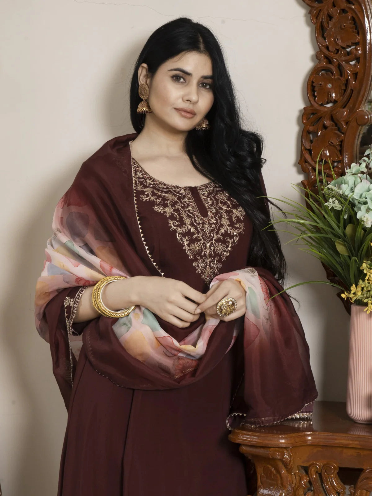 Embroidered Modal Silk Suit Set with Tabby Organza Dupatta