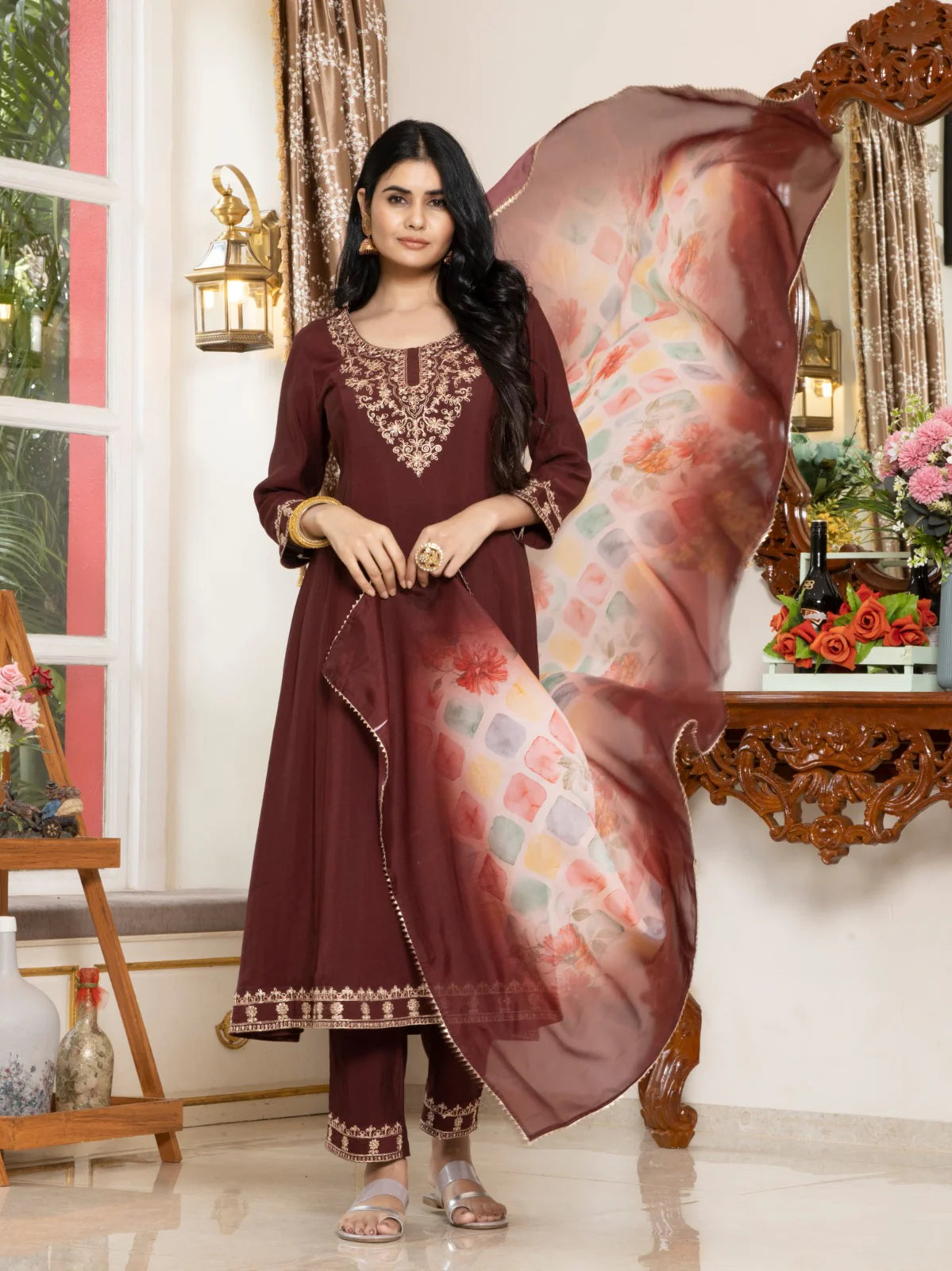 Embroidered Modal Silk Suit Set with Tabby Organza Dupatta