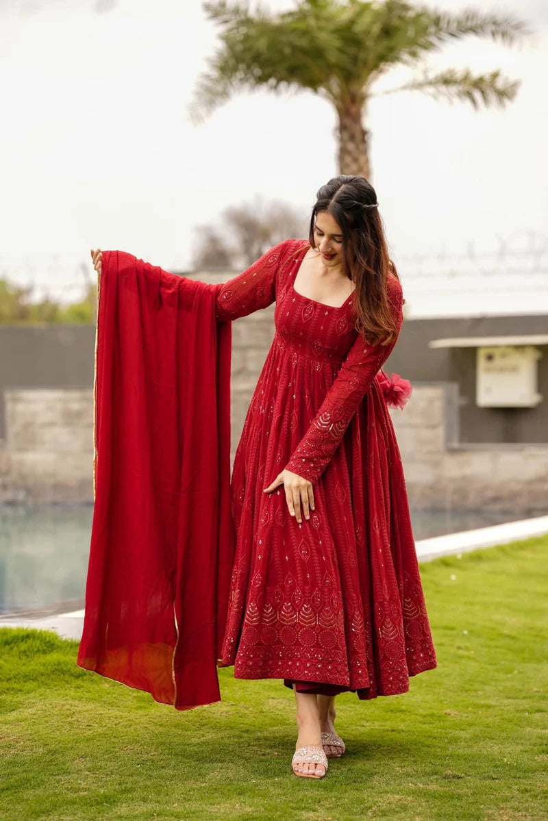 MAROON EMBROIDERED GEORGETTE Gown With Dupatta