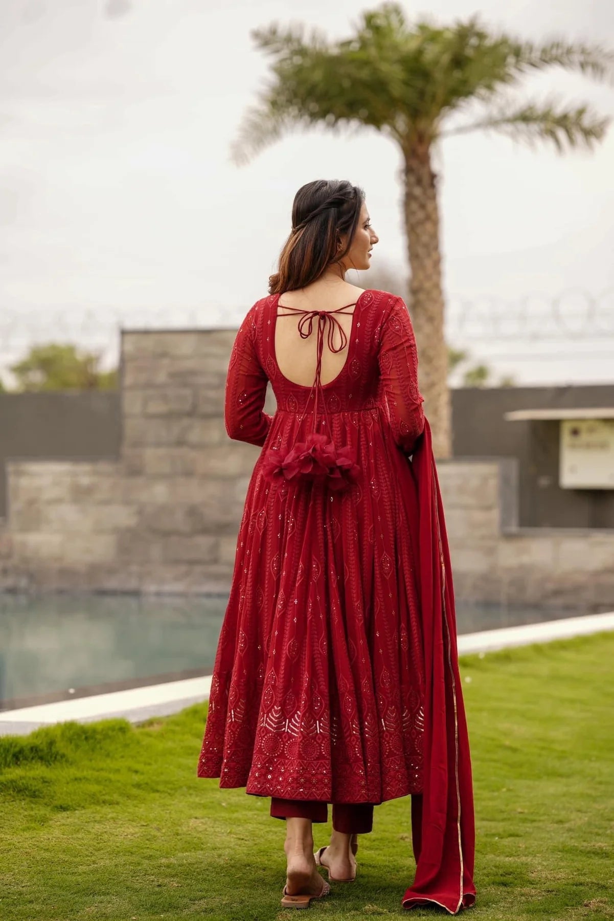 MAROON EMBROIDERED GEORGETTE Gown With Dupatta