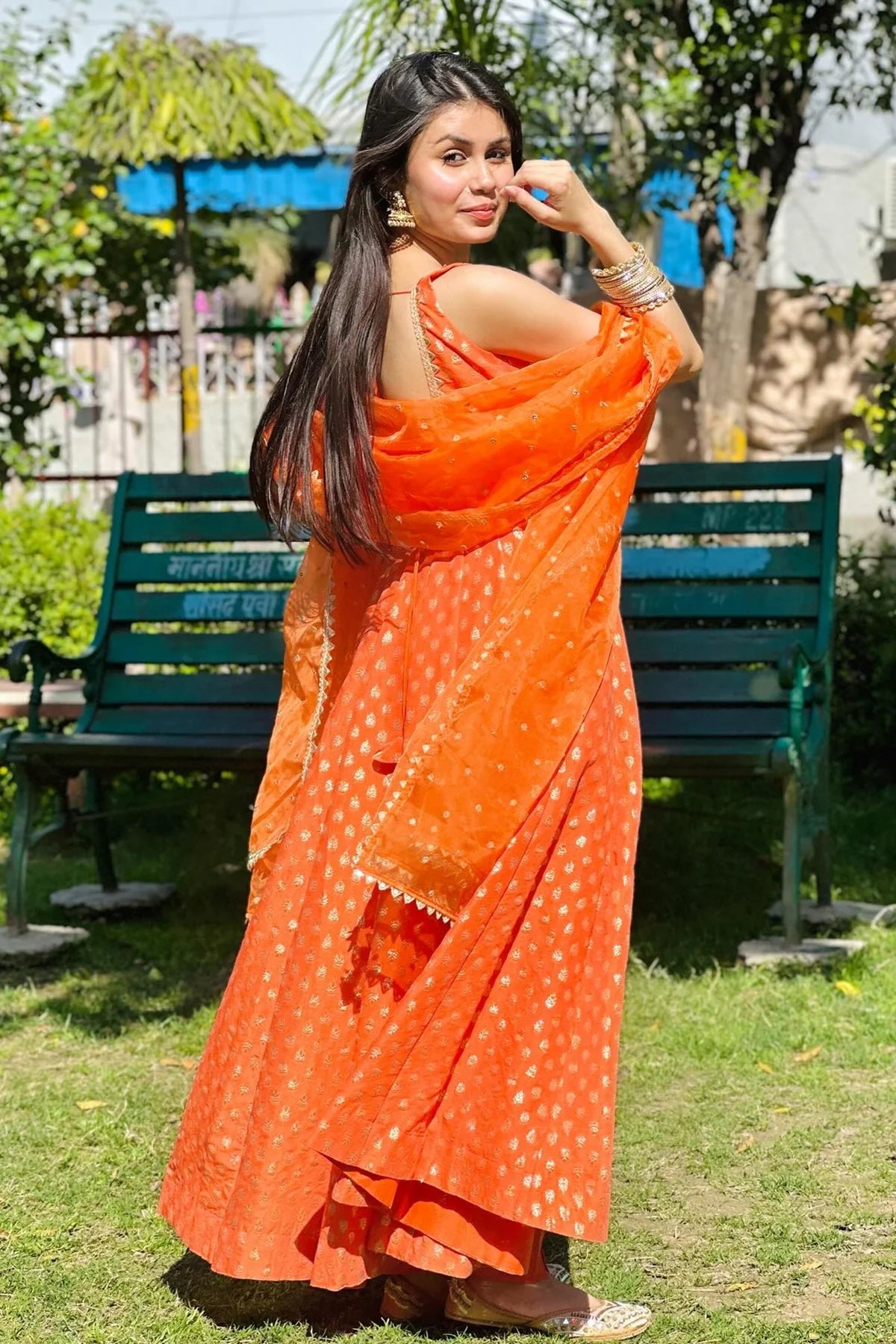 Orange Chanderi Cotton Suit with Sequin Dupatta