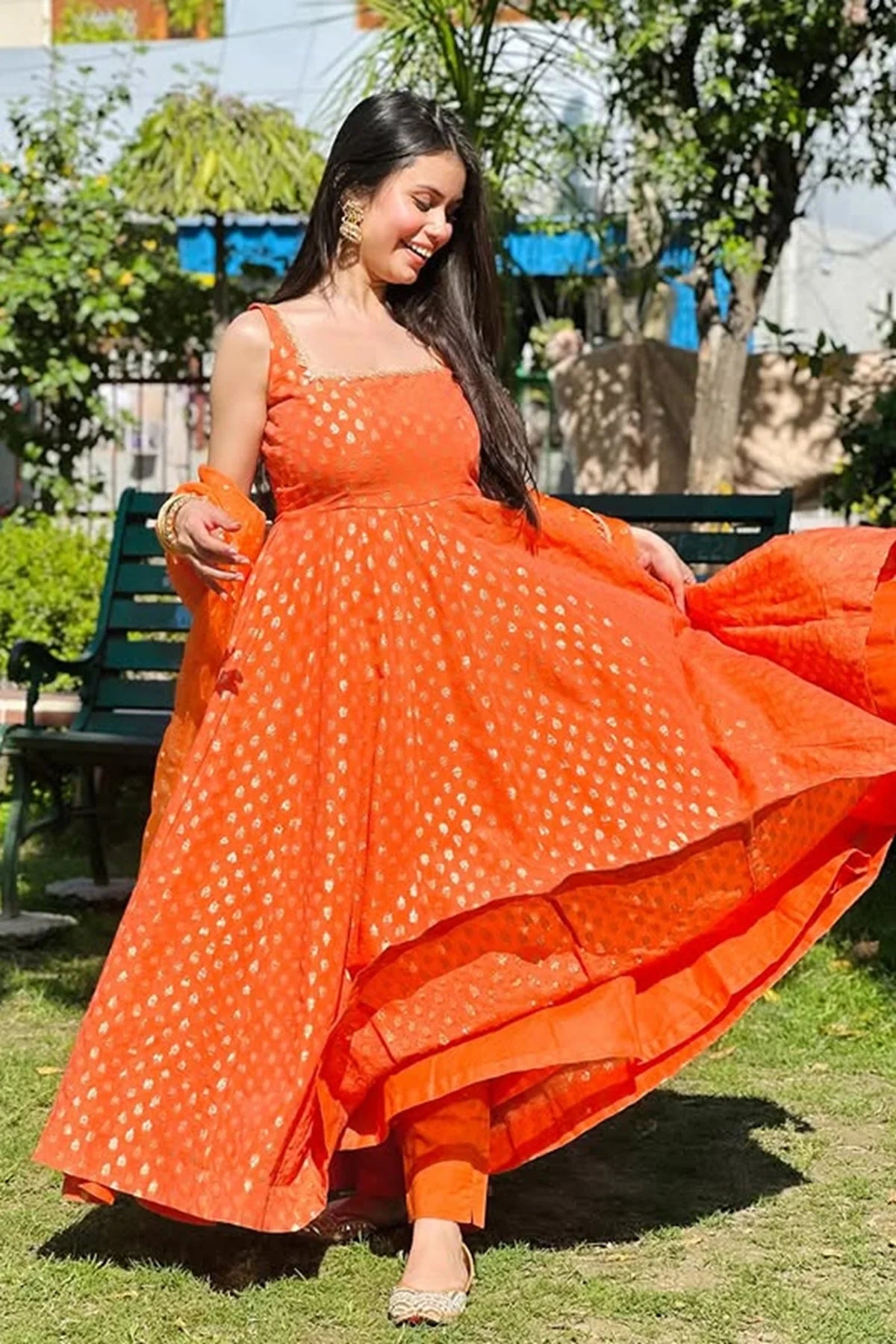 Orange Chanderi Cotton Suit with Sequin Dupatta