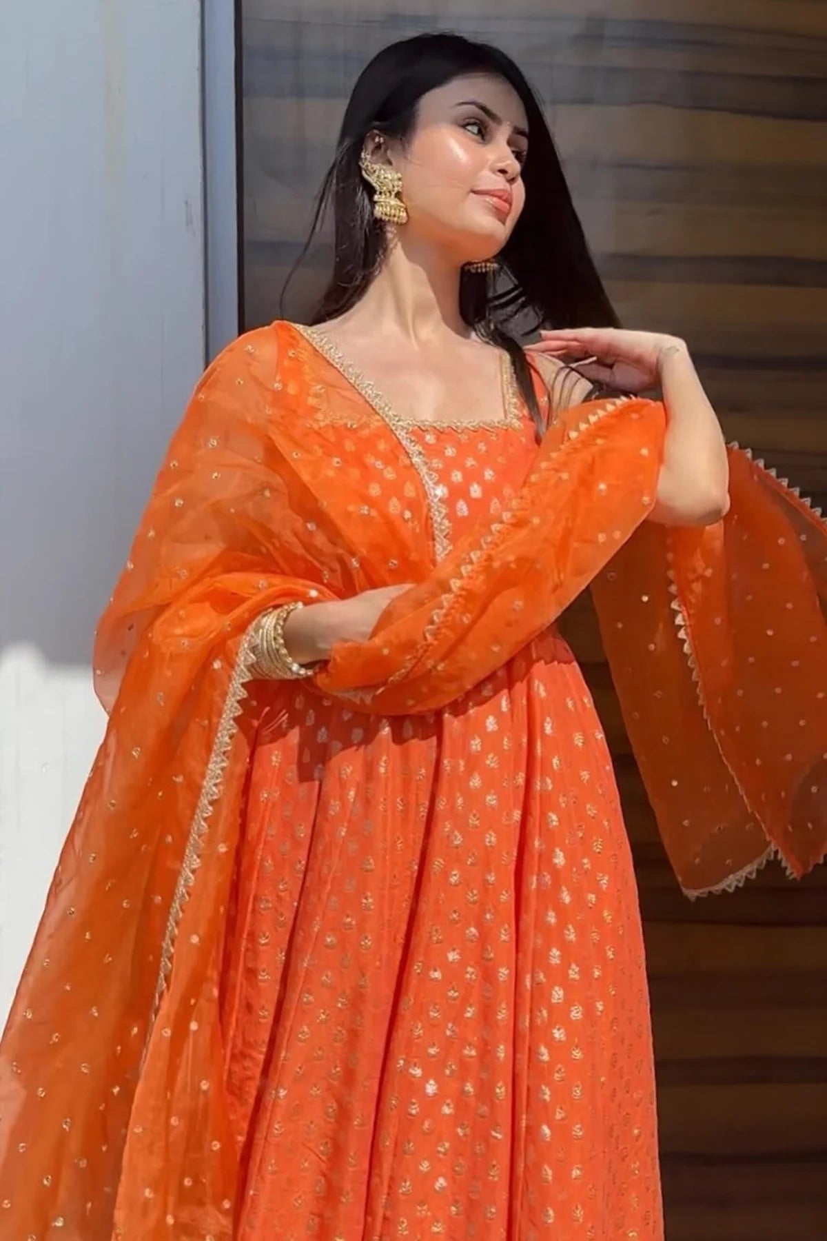 Orange Chanderi Cotton Suit with Sequin Dupatta