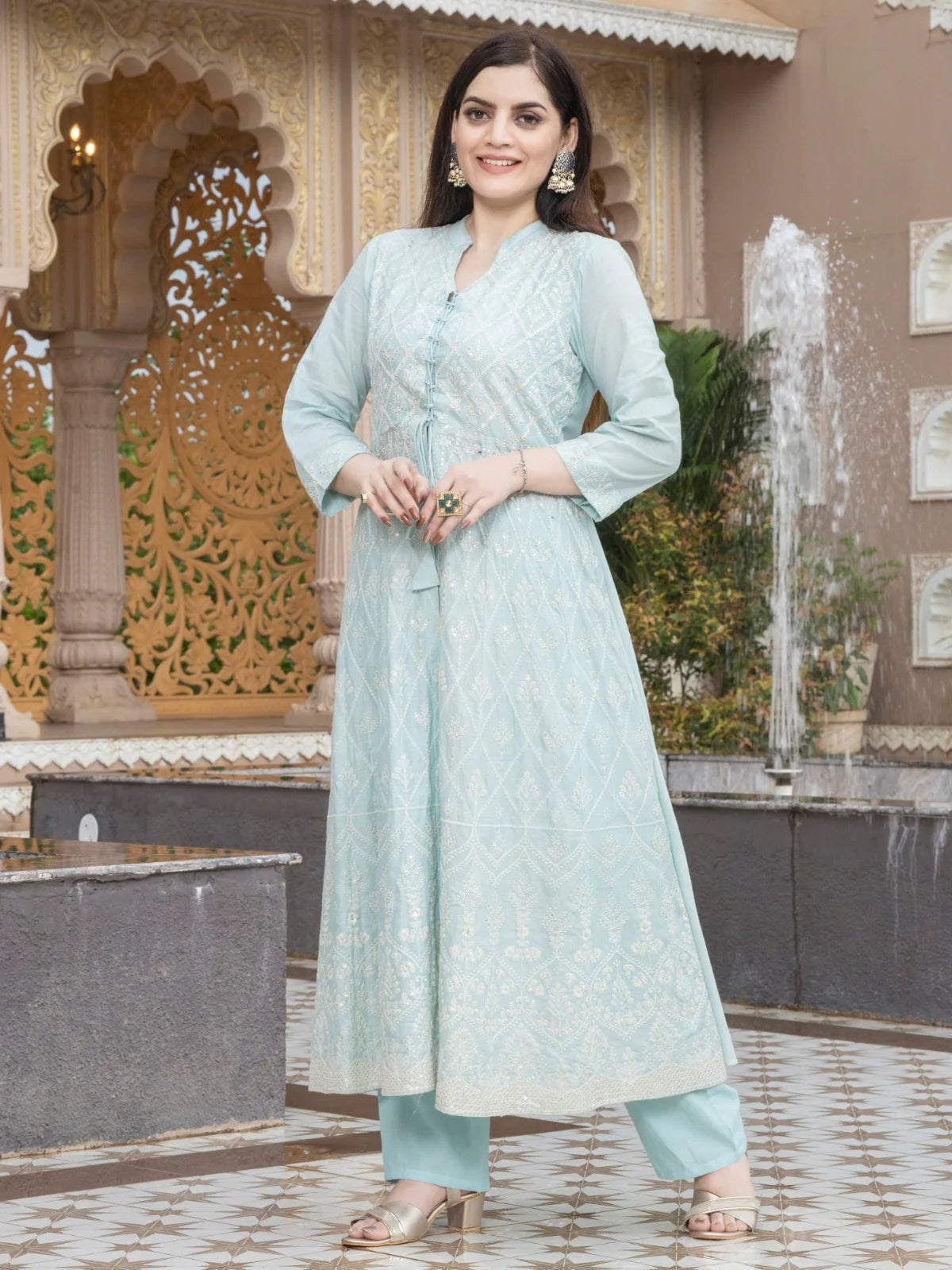 Lucknowi Embroidery Cotton Kurta Set for Women