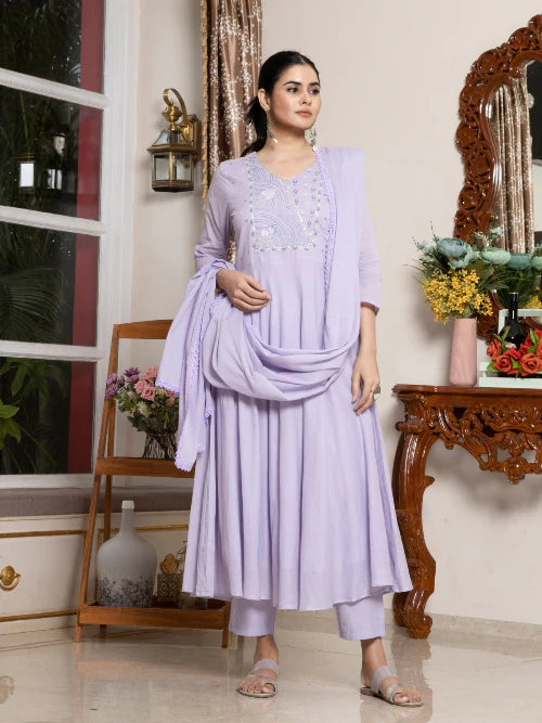 Pure Cotton Embroidered Suit Set with GPO Lace Dupatta