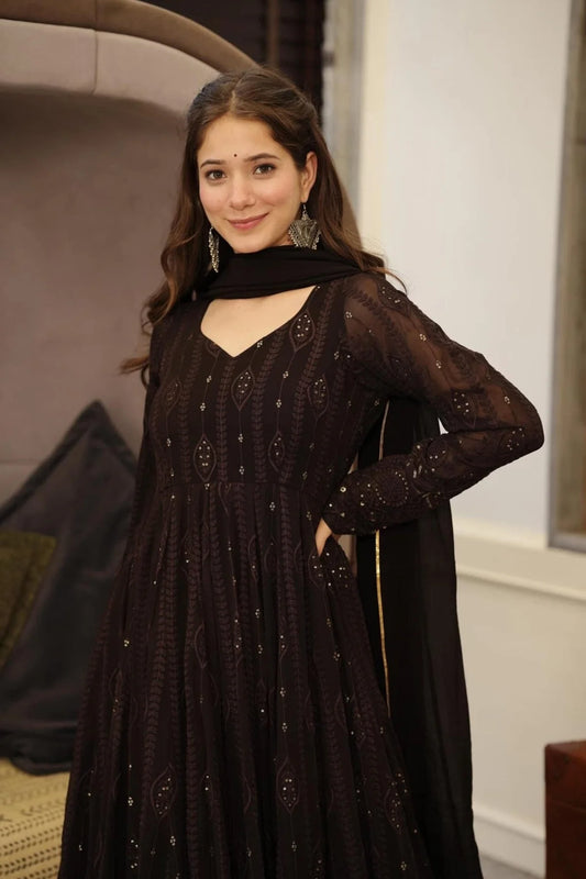 Black Georgette Anarkali Set with Cotton Pants