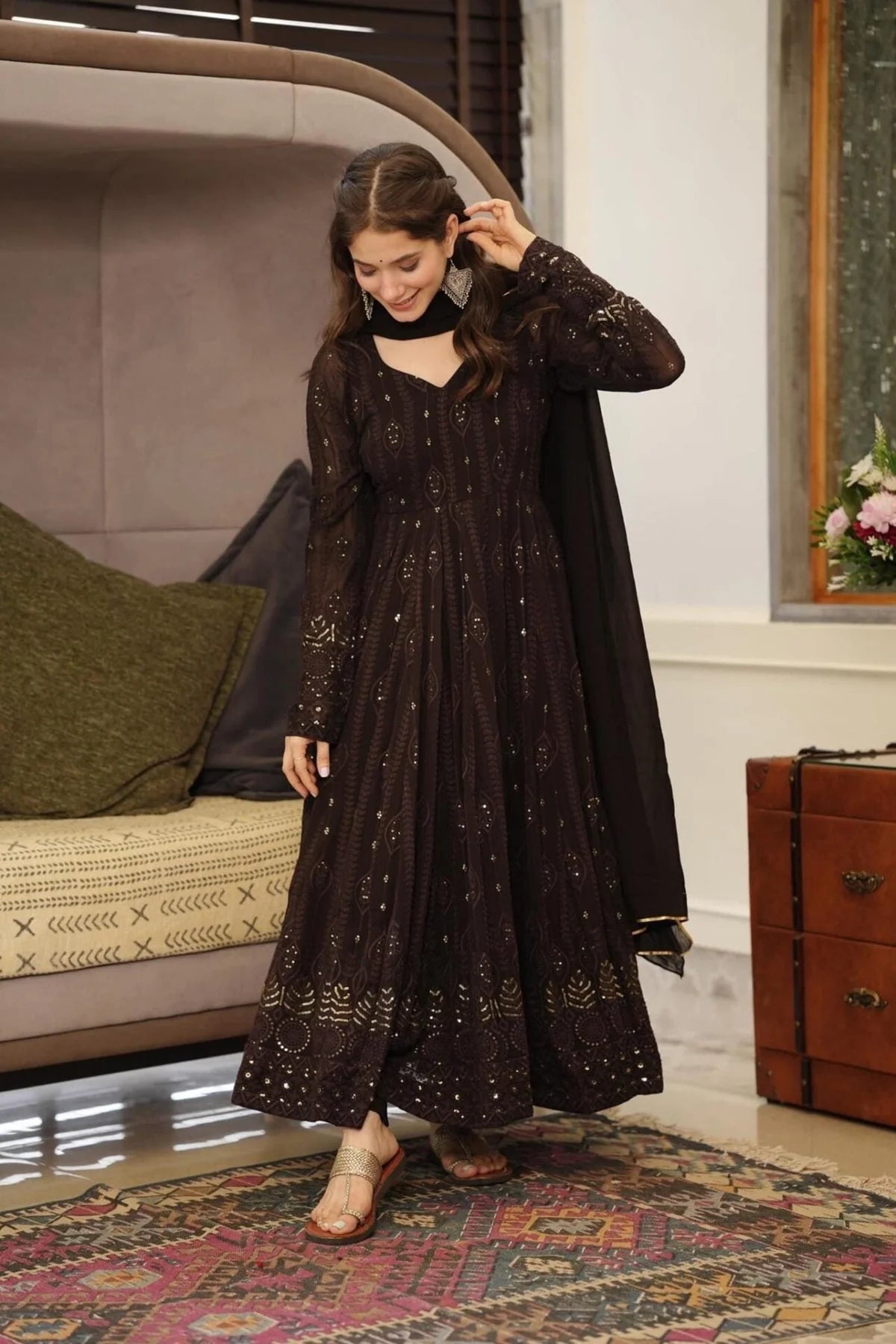 Black Georgette Anarkali Set with Cotton Pants