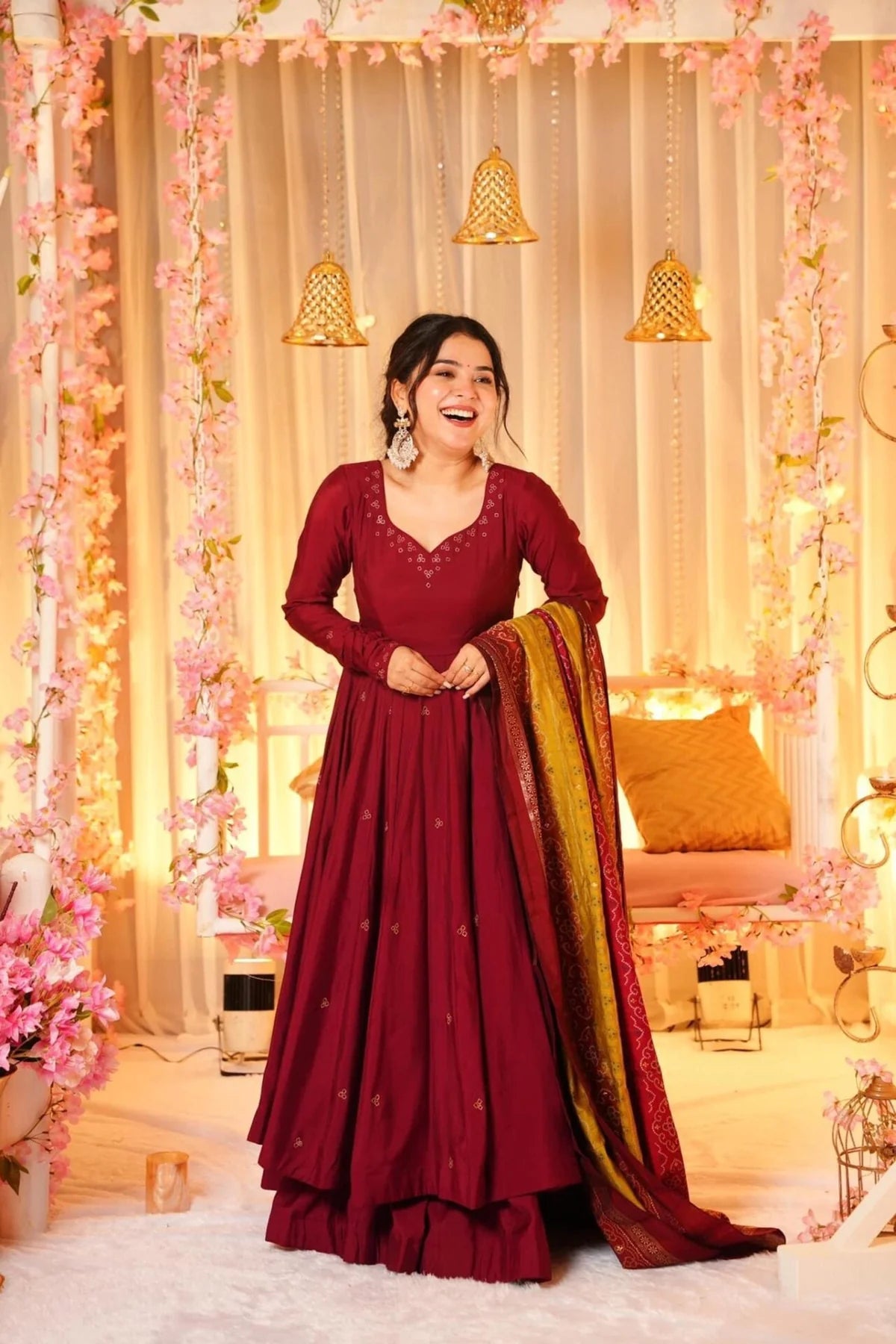 Maroon Silk Anarkali Palazzo Suit Set
