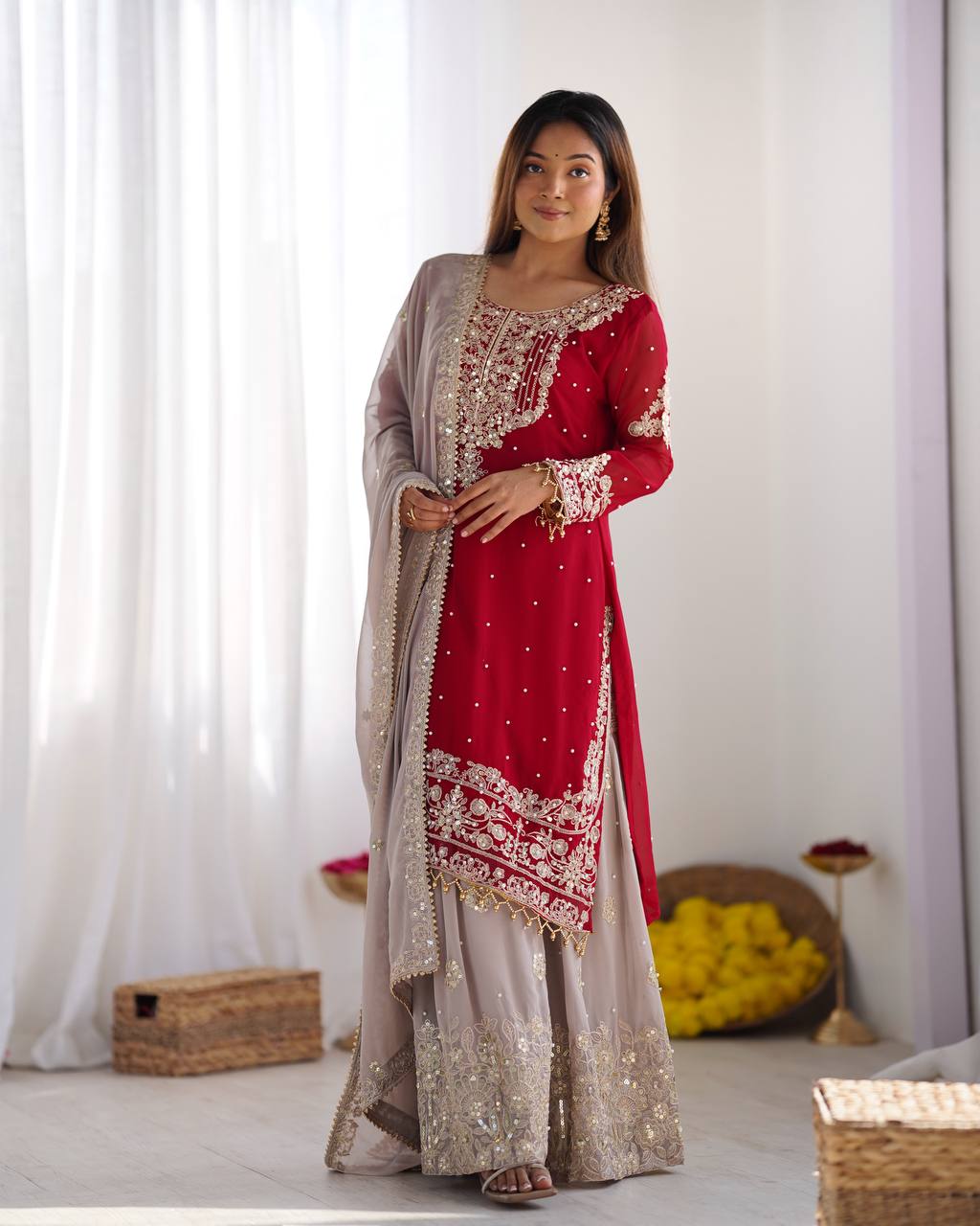 Designer Faux Georgette Embroidered Top-Plazzo-Dupatta Set
