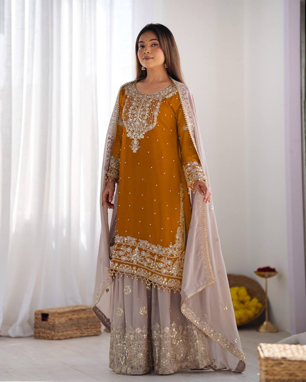 Heavy Faux Georgette Embroidered Top-Plazzo-Dupatt