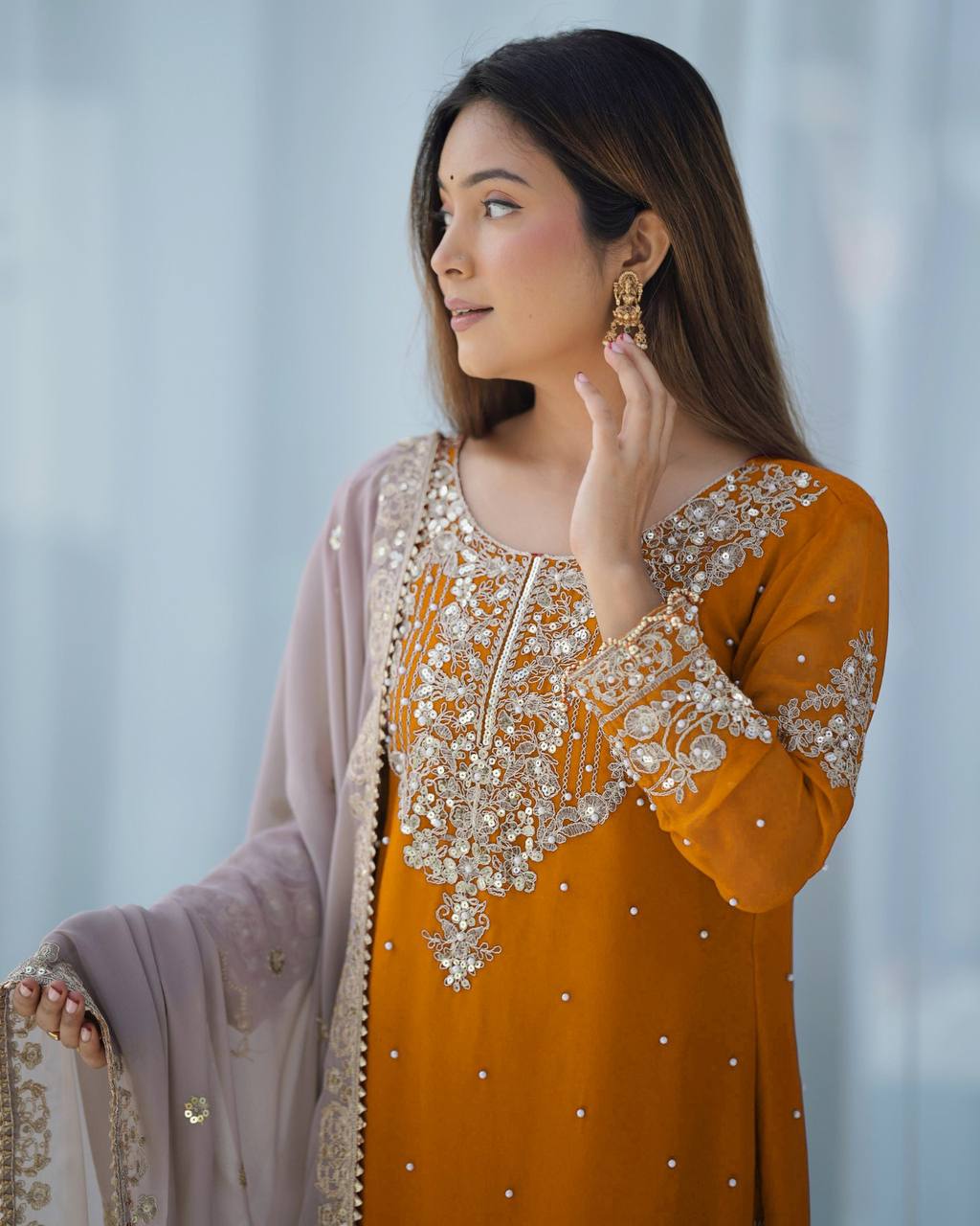Heavy Faux Georgette Embroidered Top-Plazzo-Dupatt