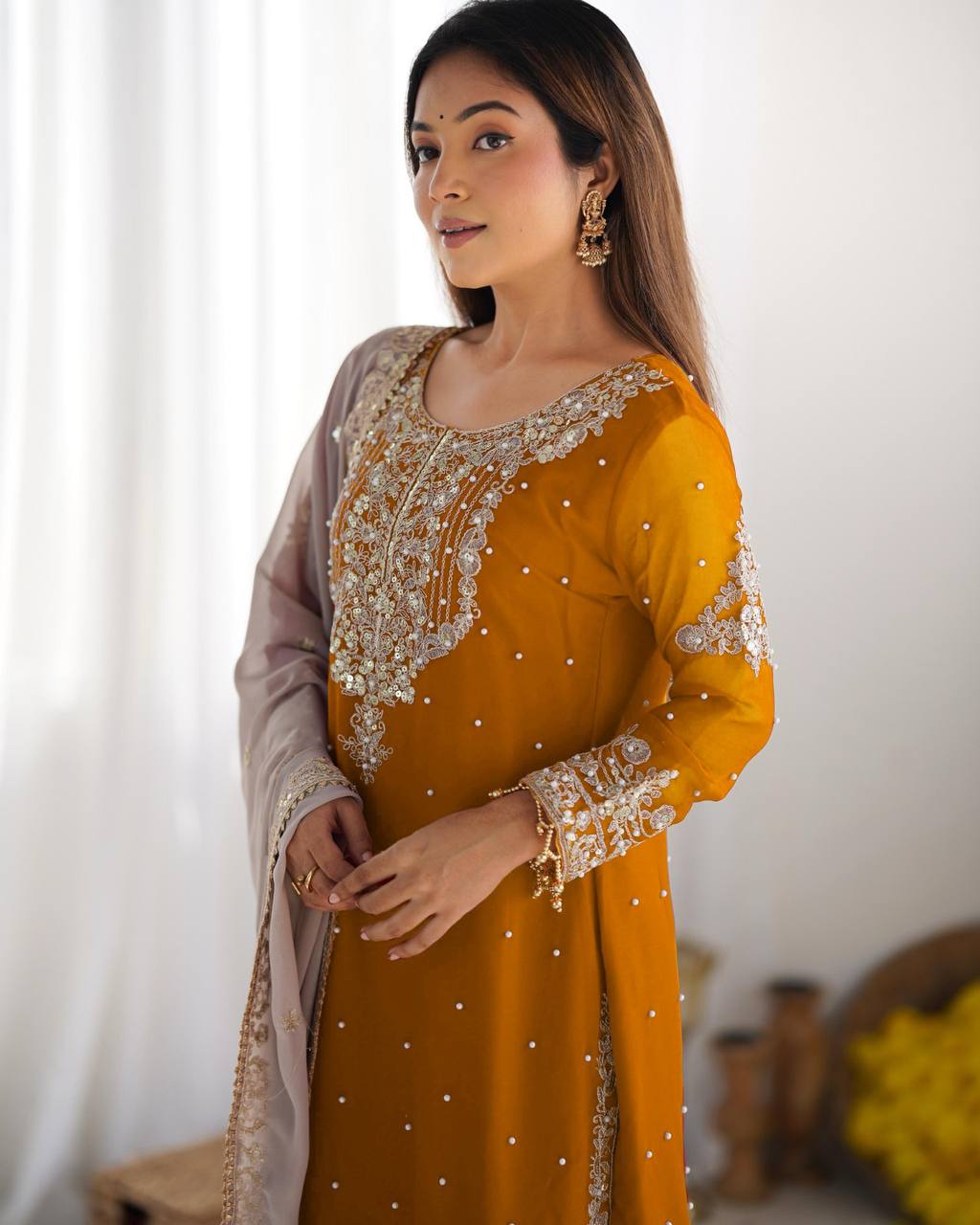 Heavy Faux Georgette Embroidered Top-Plazzo-Dupatt