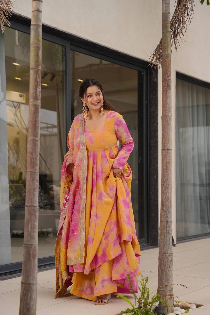 New Designer Vichitra Silk Gown-Plazzo Set