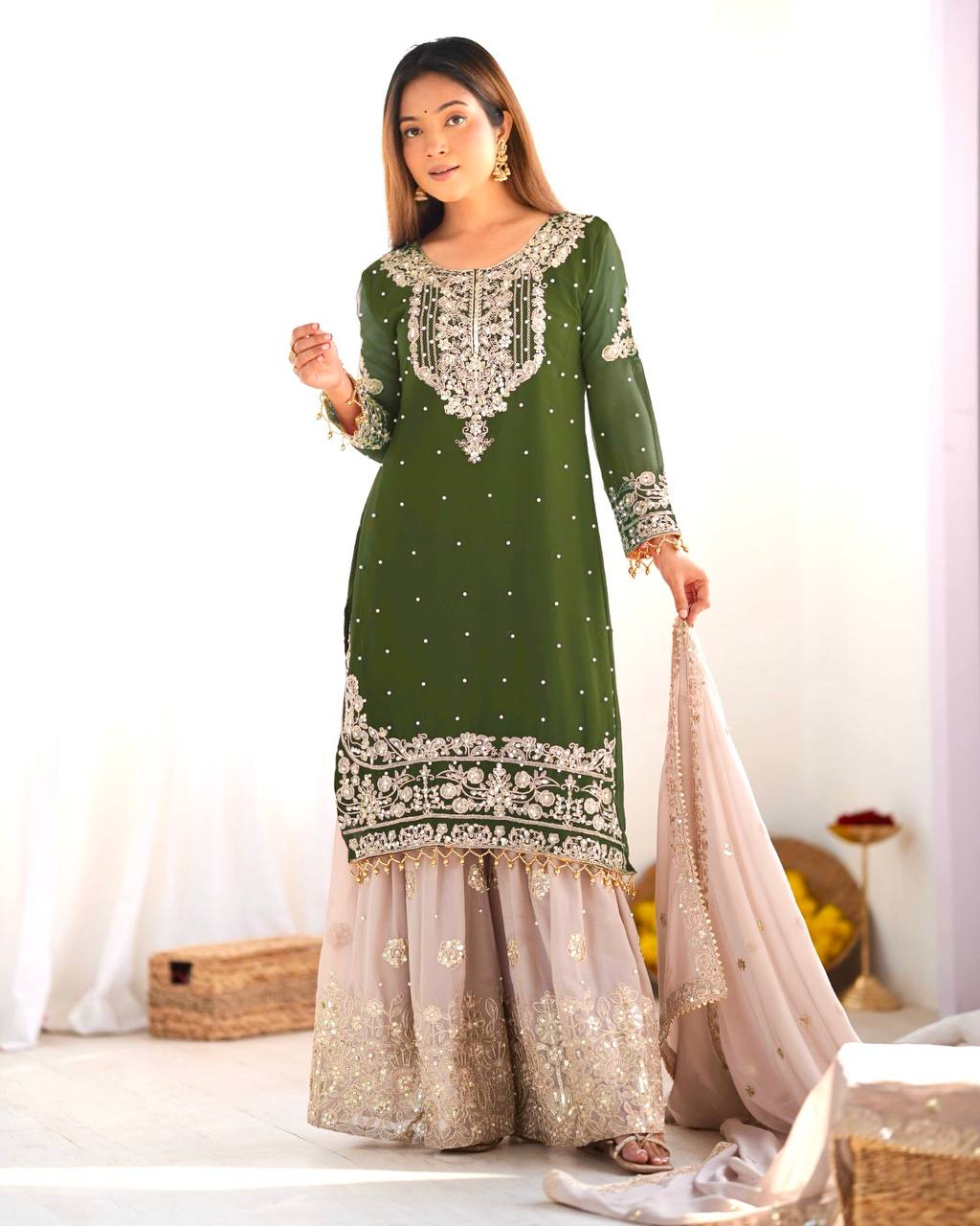 Heavy Faux Georgette Embroidered Partywear Suit Set Top( Plazzo & Dupatta)