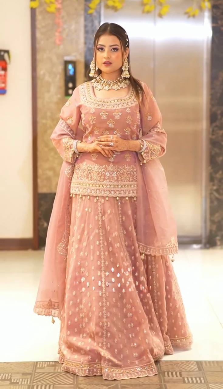 Designer Star Georgette Lehenga Set with Heavy Embroidery & Moti Work Semi Stitched Lehenga & Fully Stitched Top
