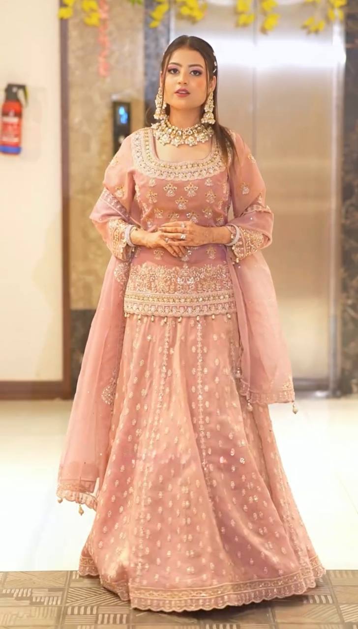 Designer Star Georgette Lehenga Set with Heavy Embroidery & Moti Work Semi Stitched Lehenga & Fully Stitched Top
