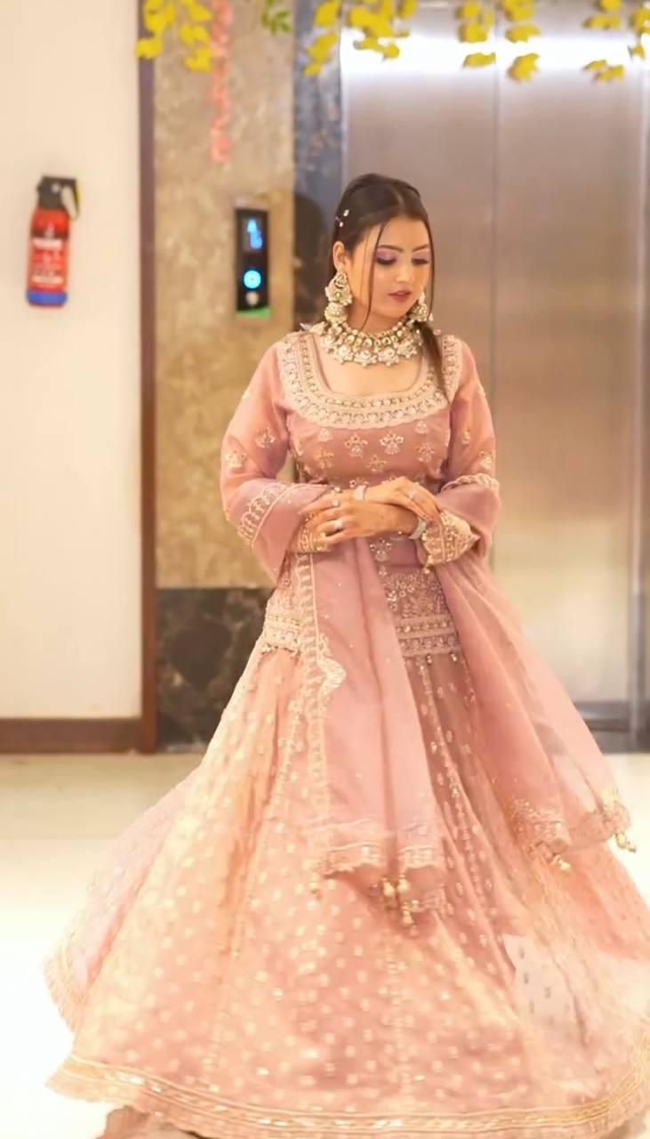 Designer Star Georgette Lehenga Set with Heavy Embroidery & Moti Work Semi Stitched Lehenga & Fully Stitched Top