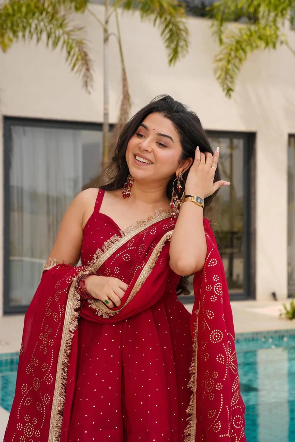 Cherry Red Tabby Organza Mukesh Palazzo Suit