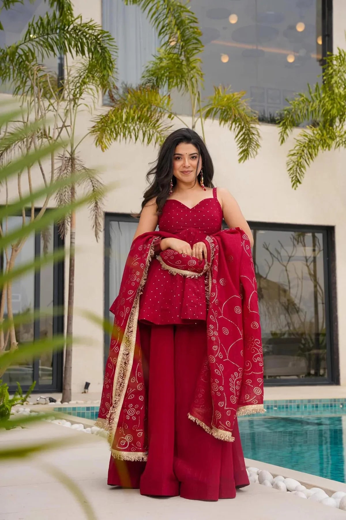 Cherry Red Tabby Organza Mukesh Palazzo Suit