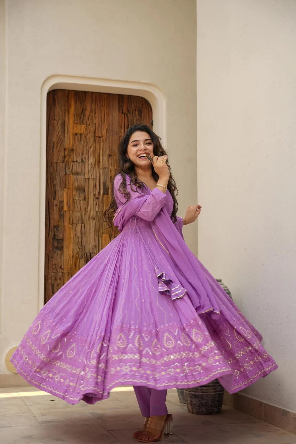 Purple Faux Blooming Anarkali with Cotton Pants