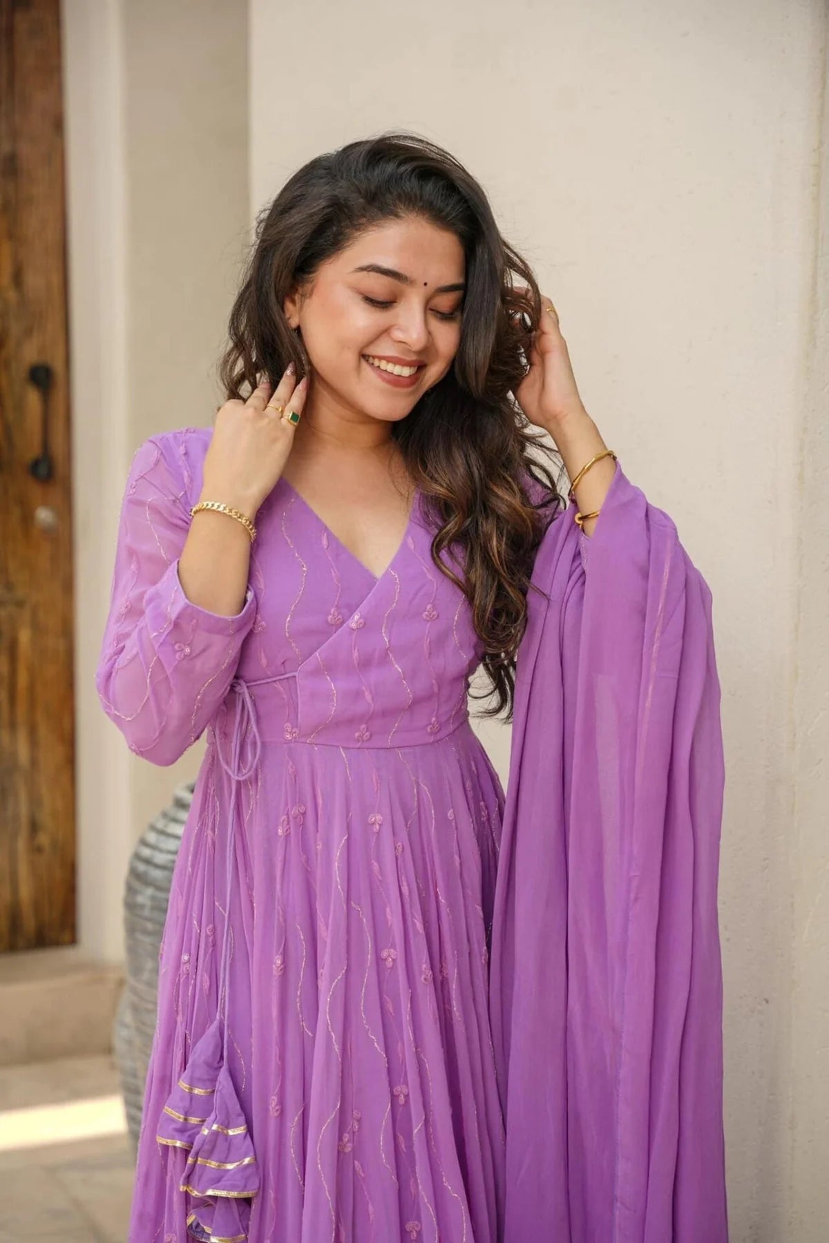 Purple Faux Blooming Anarkali with Cotton Pants