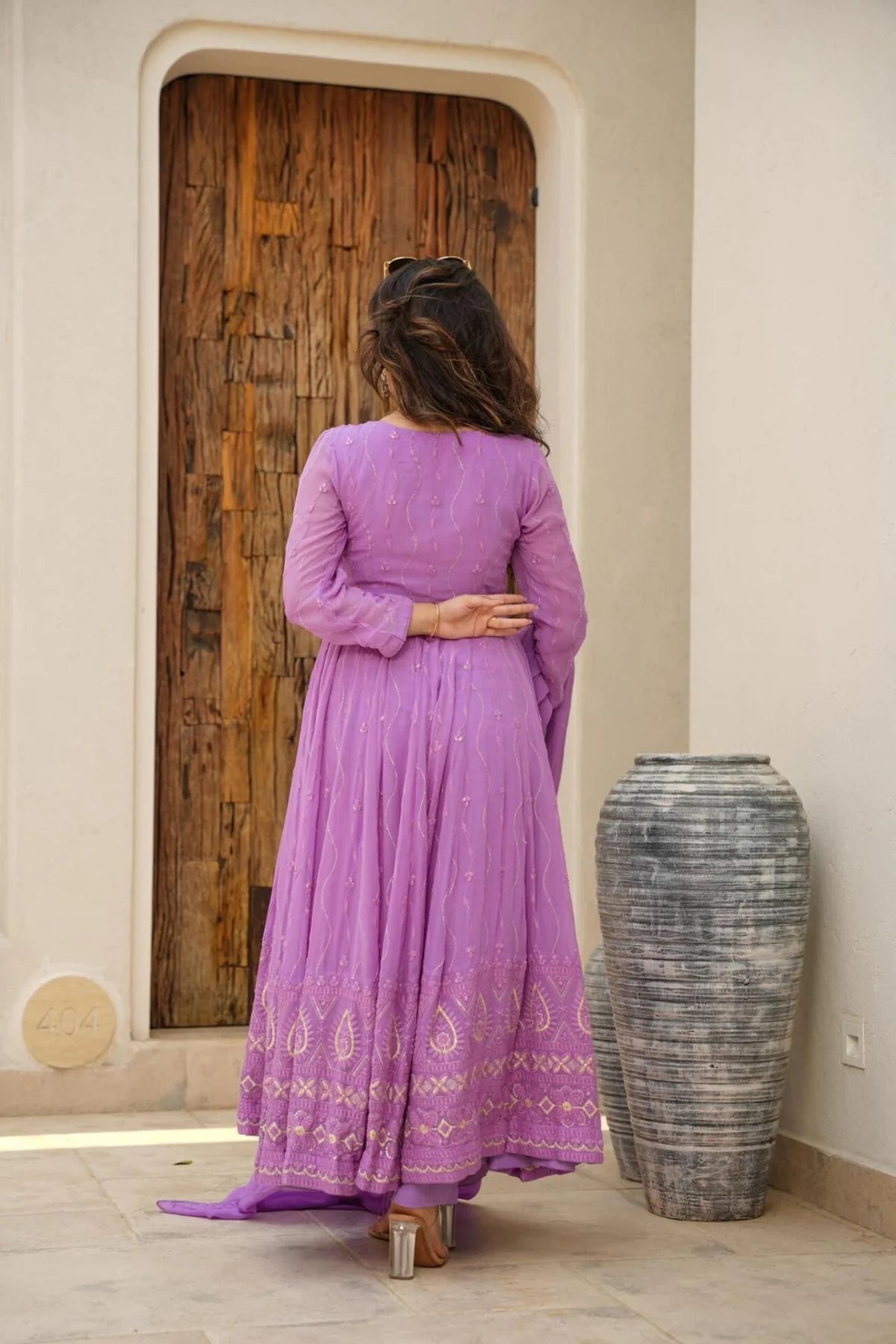 Purple Faux Blooming Anarkali with Cotton Pants