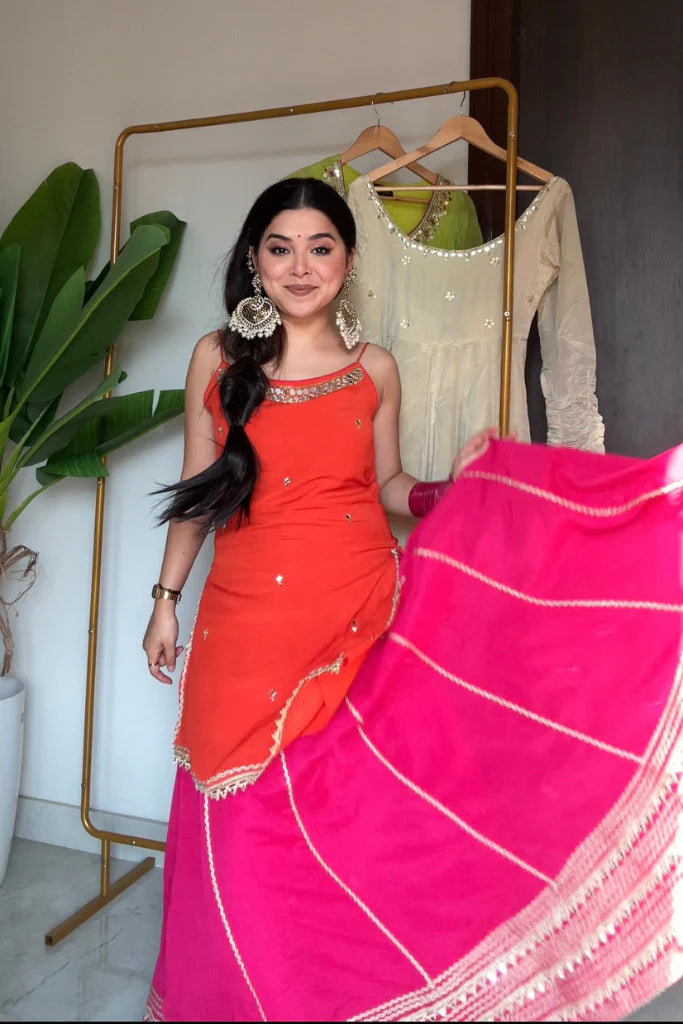 Madhuri Pink-Orange Chinon Skirt Set with Chiffon Dupatta