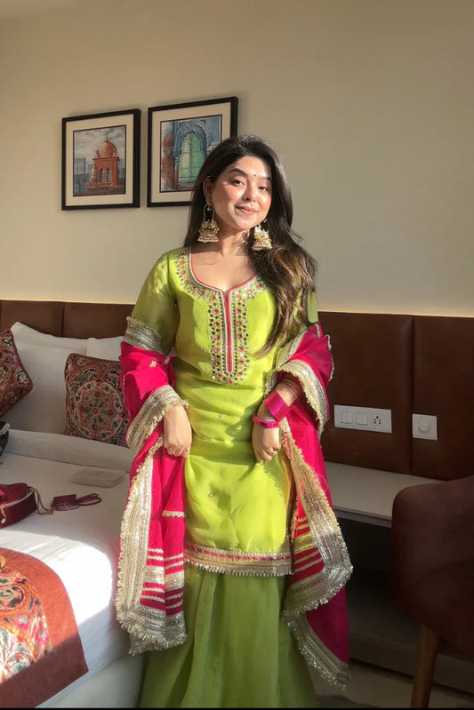 Khwahish Pure Organza Neon Green Sharara Set with Dupatta