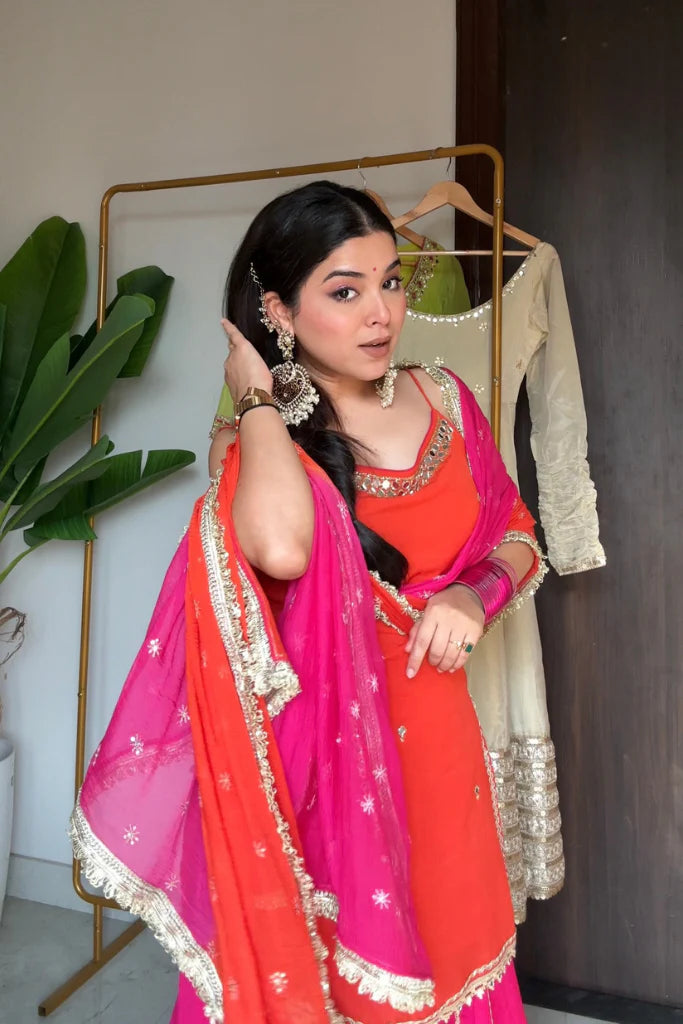 Madhuri Pink-Orange Chinon Skirt Set with Chiffon Dupatta