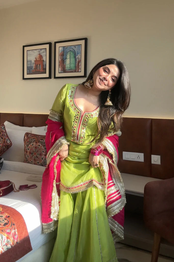 Khwahish Pure Organza Neon Green Sharara Set with Dupatta