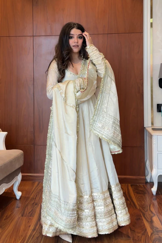 Off White Chinon Anarkali Suit with Thread Work