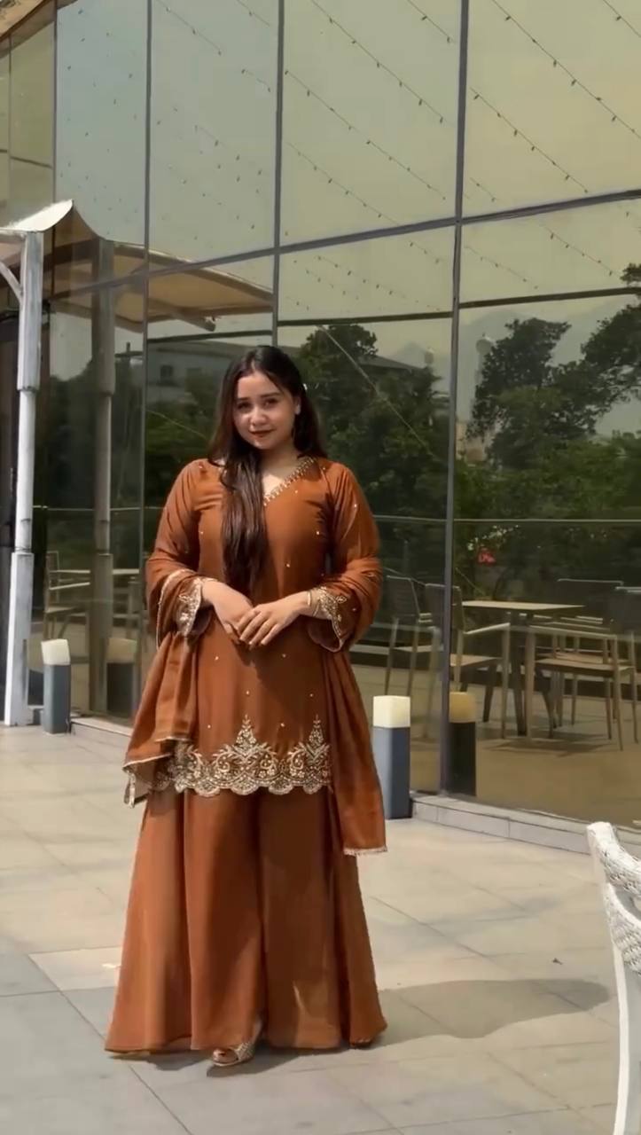Party Wear Embroidered Top-Plazzo Set with Dupatta