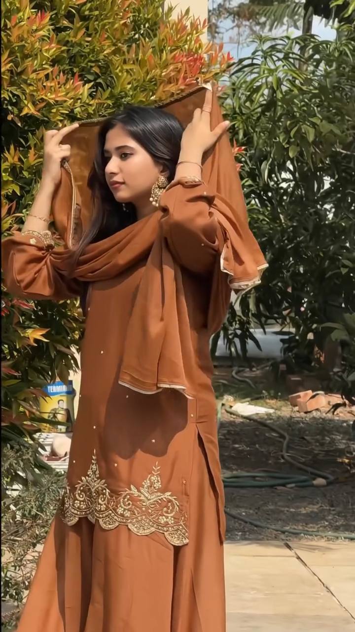 Party Wear Embroidered Top-Plazzo Set with Dupatta