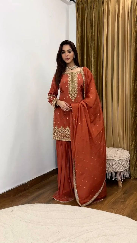  Party Wear Top-Plazzo Set with Dupatta 