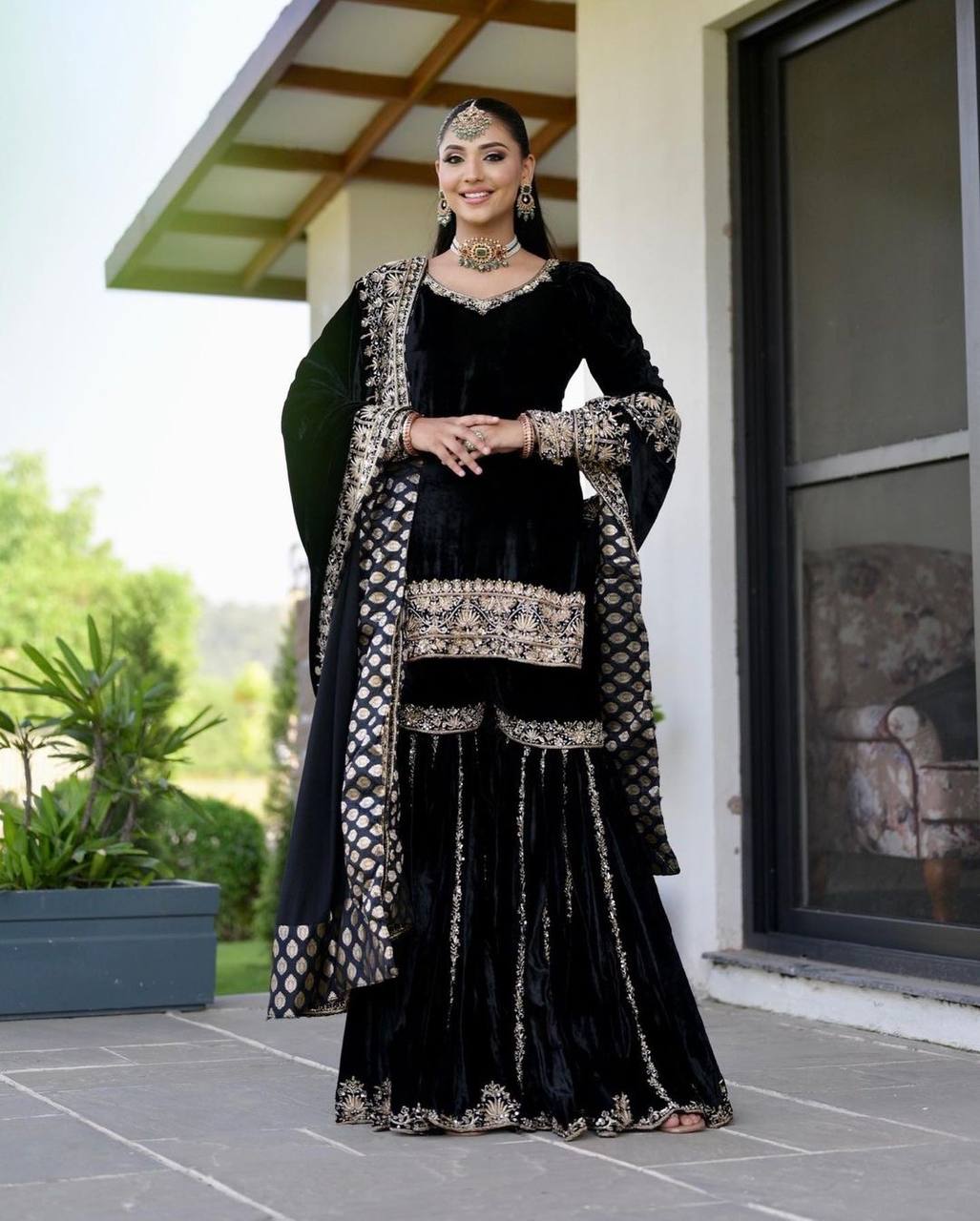 Premium Velvet Designer Embroidered Top-Sharara-Dupatta 